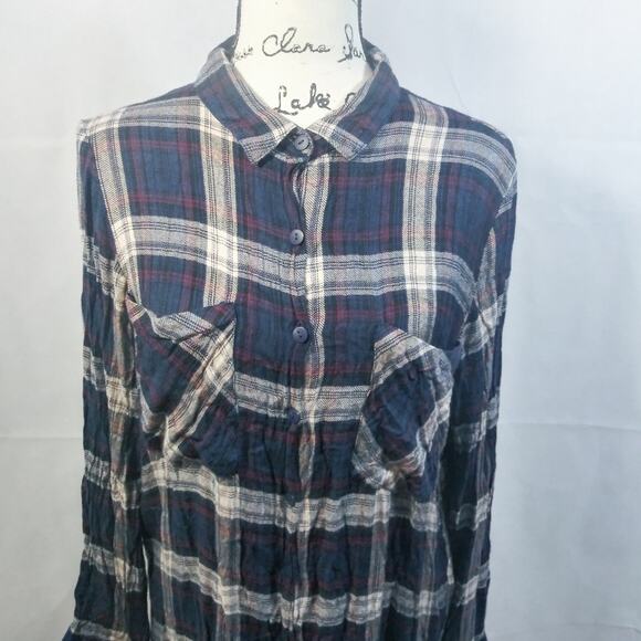 Hannah Blue Plaid RelaxedTunic Button Up Shirt L - Picture 3 of 7